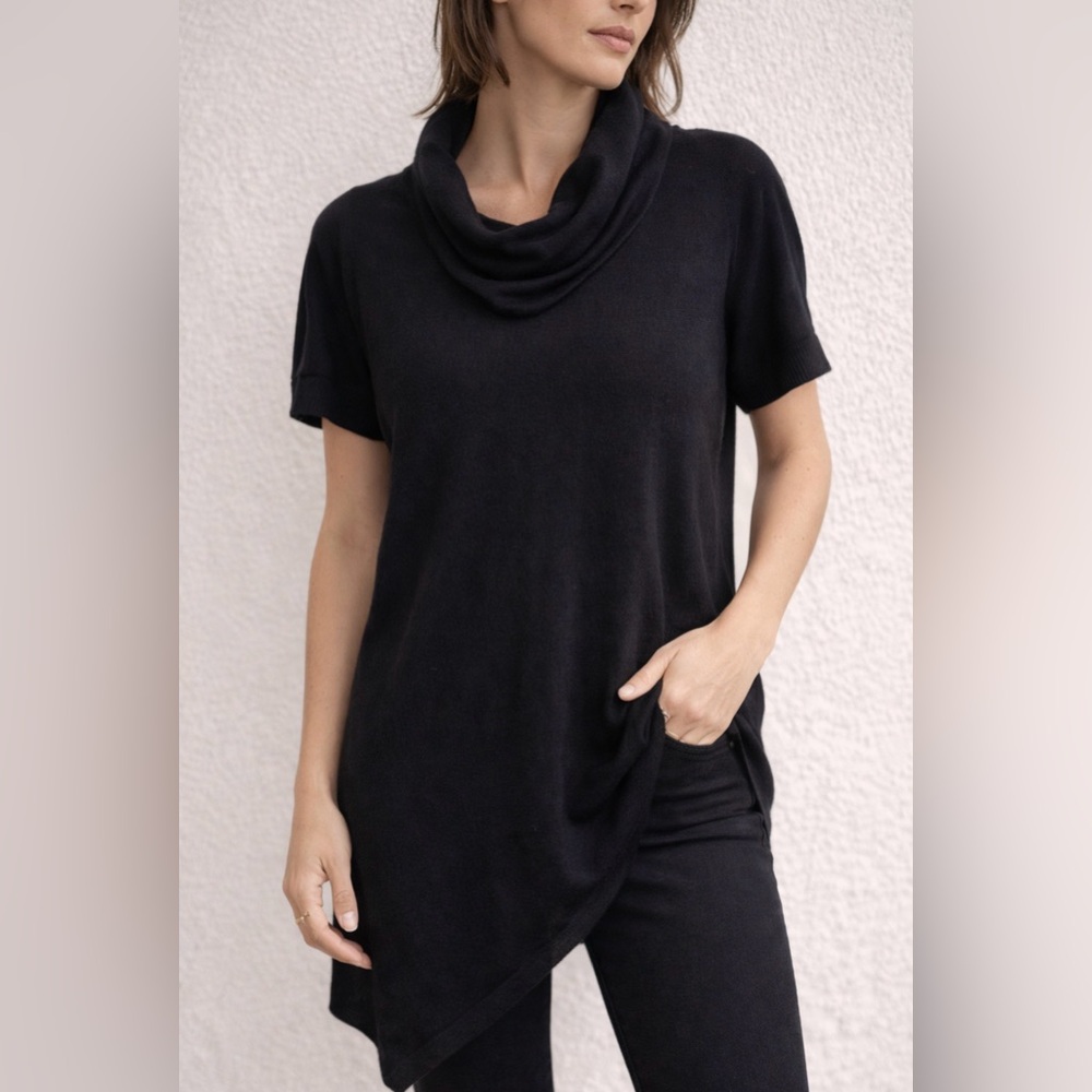 Theory Black Cowl Neck Tunic Top Cashmere Blend Asymmetrical Hem‎ Minimalist